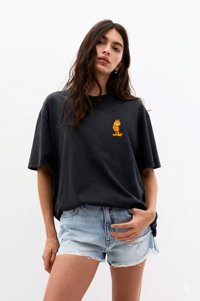 Double Side Garfield Printed Black Premium T-Shirt